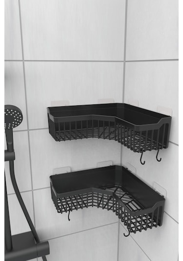 Köşe Yapışkanlı Banyo Rafı, 2 Parça Banyo Düzenleyici, Duş Rafı Gri - Siyah