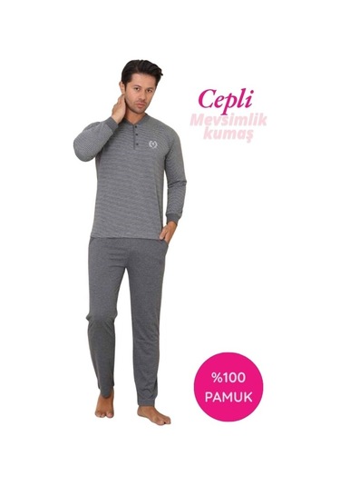 Alimer Erkek 3 Düğmeli Çizgili Desen %100 Pamuk Uzun Manşetli Kol Cepli Pijama Takımı Antrasit