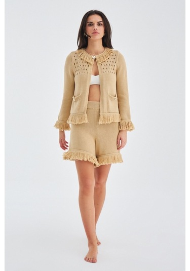 Peraluna Mıyoki Cardıgan & Shorts Mevsimlik Pamuklu Kadın Triko T Bej