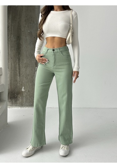 Kadın Yüksek Bel Keten Boyfriend Bol Paça Yeşil