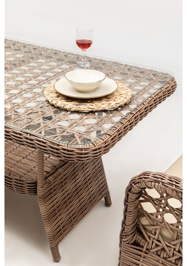 Alaska Yemek Masası Bahçe ve Balkon Mobilyası Takımı (1+1+1+1+1+1+Masa) Kahverengi