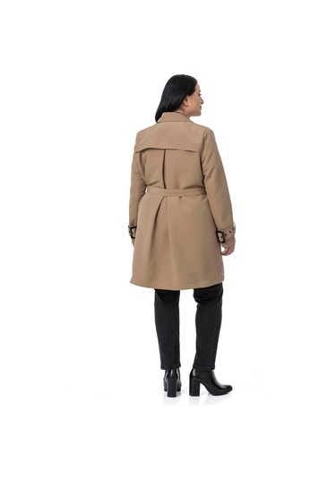 Büyük Beden Kruvaze Kolu Bant Detaylı Cepli Kuşaklı Astarlı Vizon Trençkot Vizon