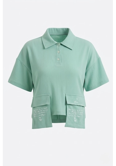 Sortie Collection Polo Yaka Yazı Baskılı Cep Detaylı Crop Bluz Mint MİNT