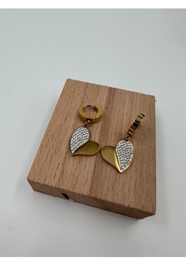 Xbaby Yarısı Taşlı Kalp Gold Küpe