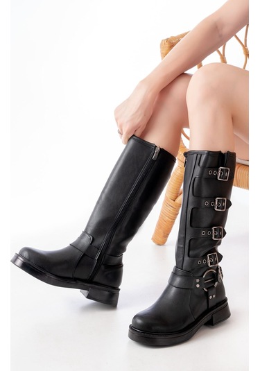 02-346 Siyah Düz Topuklu Günlük Bayan Binici Çizme Resimdeki Renk