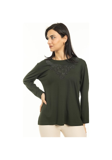 Kadın Orta Yaş Ve Üzeri Yeni Model Yuvarlak Yaka Likralı Anne Penye Bluz 30550-haki Yeşili Haki Yeşili