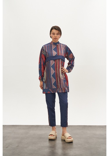 Etnik Desen Tesettür Mayo Mavi Kısa Y Siyah