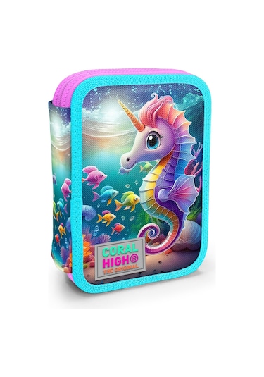 Coral High Kids Mavi Su Yeşili Denizatı Desenli Çift Katlı Kalem Çanta 11144 Mor - Pembe