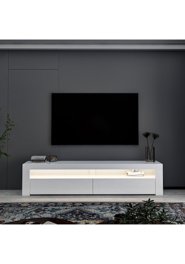 Batı LED Işıklı 2 Kapaklı TV Sehpası – 150 cm – Minimal Tasarım, Parlak Beyaz