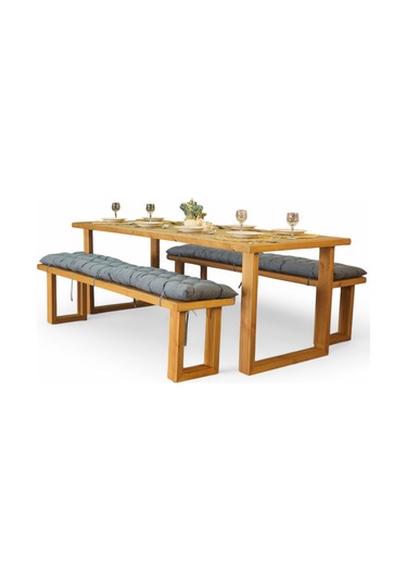 Neiwel Loen Doğal Ahşap Banklı Yemek Masası Takımı-80-260 Takım Açık Ceviz