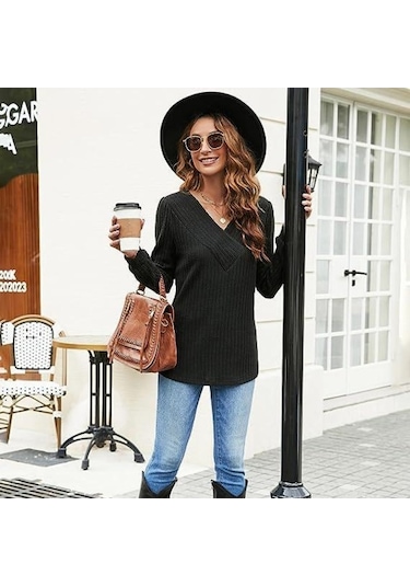 Tongxida Sonbahar-kış Kadın Uzun Kollu V Yaka Çukur Kazak Siyah, Büyük Beden, El/makine Yıkama Siyah