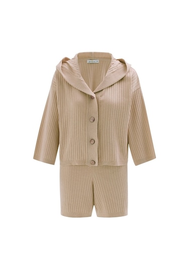 Peraluna Mujo Cardıgan & Shorts %100 Pamuk Kadın Triko Şort Takım Bej