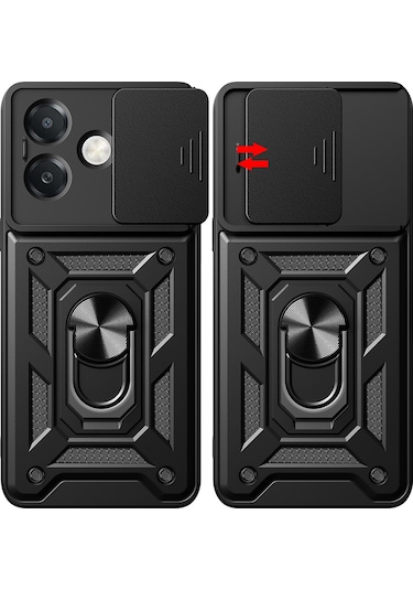 Teknomoda Oppo A3 Kılıf Yüzüklü Standlı Sürgülü Kamera Korumalı Tank Sert Silikon Kapak Siyah