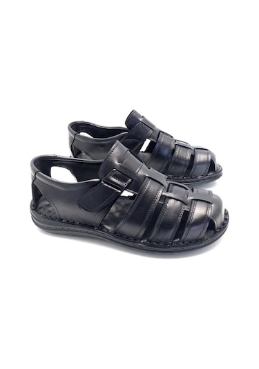Deritarz Hakiki Deri Masajlı Ortopedik Hafif Erkek Sandale Siyah