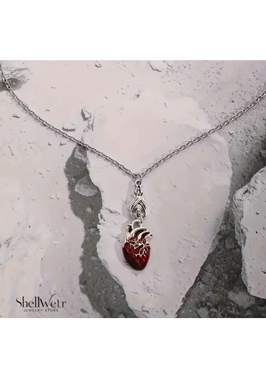 Rubicore Dramatik Gotik Tarz Kırmızı Kalpli 925 Ayar Gümüş Zincir Unisex Kolye Gümüş