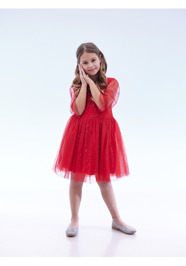 Ahengim Kız Çocuk Yıldız Baskılı Trend Tül Elbise Ak2246 Kırmızı