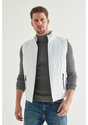 Regular Fit Beyaz Dik Yaka Elyaf Dolgulu Mevsimlik Fermuarlı Yelek Mont 7HF07ORT42611