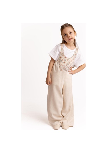 Cigit Roba Komple Nakışlı Keten Salopet 2-7 Yaş Naturel Beyaz