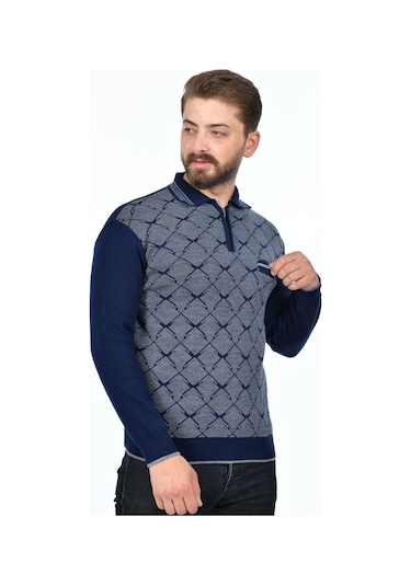 Kamalı Erkek Çelik Örgü Gömlek Yaka Cepli Fermuarlı Polo Yakalı Tüylenmeyen Triko Kışlık Baba Kazak Lacivert