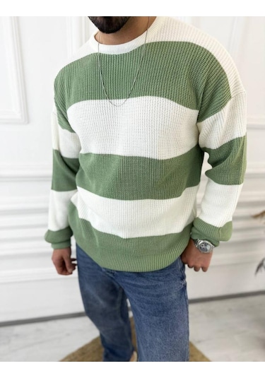 Kazak Oversize Tüylenmez Naturel Pamuk Örme Triko Kazak Haki - Yeşil