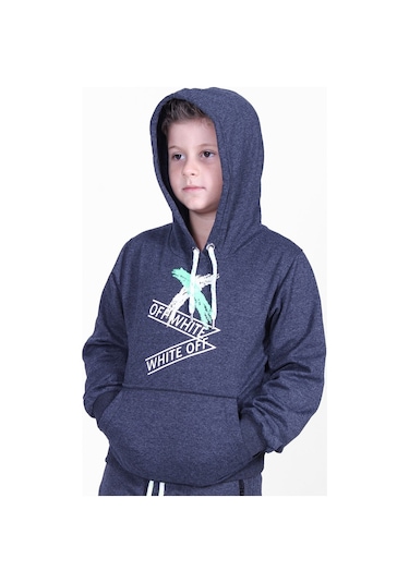 X Baskılı Kanguru Cepli Kapüşonlu Erkek Çocuk Füme Sweatshirt Füme