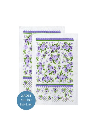 2li Paket Baskılı Beyaz Mutfak Havlusu Modeli Lila Güller