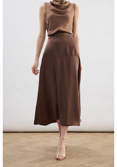 Sateen Yüksek Bel Saten Etek - Kahve-136782 Kahve