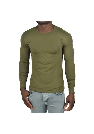 Deepsea Erkek Haki Uzun Kollu Dar Kalıp Ince Sıfır Yaka Sweatshirt 2300423 False Haki