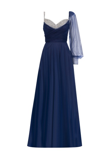 Taş Detaylı Tek Kollu Tül Abiye-lacivert Lacivert