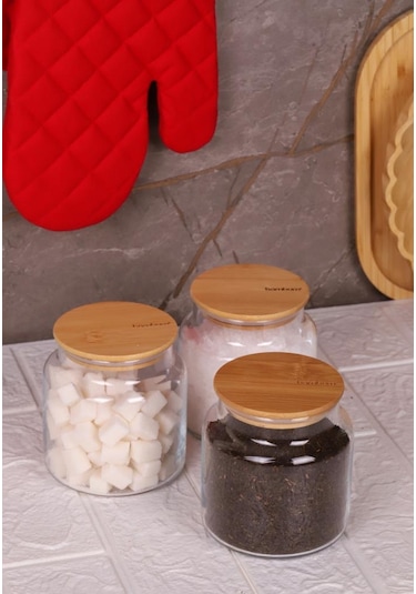 Zone - 3'lü Cam Saklama Kabı 600ml Vakumlu Bambu Kapaklı Ahşap - Şeffaf