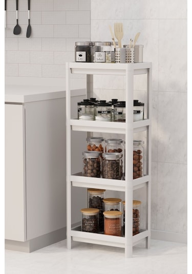 4 Katlı Slim Mutfak & Banyo Raf Ünitesi, Beyaz Beyaz