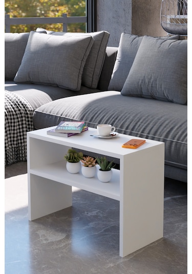 Alpa Ev Mobilya Alt Raflı Orta Sehpa, Modern Salon Sehpası, Dekoratif Çay & Kahve Yan Sehpası Beyaz