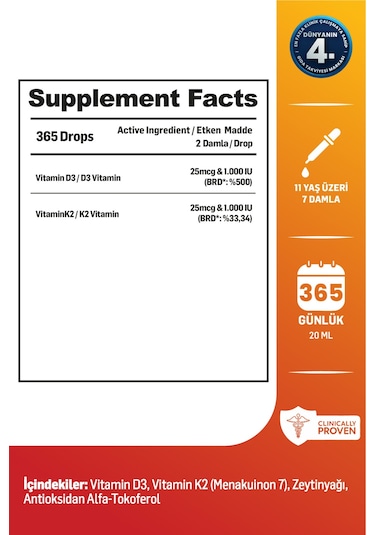 Kiperin D3K2 Vitamin D3 1000 25 Mcg Takviye Edici Gıda 20 ML