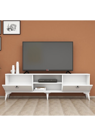 160Cm Beyaz Tv Sehpası Siyah Halka Kulplu