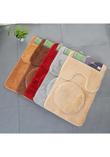 Novahub Gri 3 Parça Set Banyo Tuvalet Paspas Emici Kaymaz Halı Seti Banyo Dekorasyon Mat Gri Gri