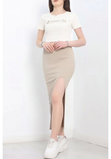 Nakışlı Etekli Takım Bej Beyaz S3899 Bej