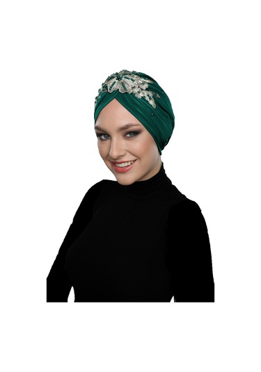 Kopma Astarlı İşlemeli Yeşil Sarı Dantel Motifli Hazır Türban Tesettür Abiye Bone Yeşil - Sarı