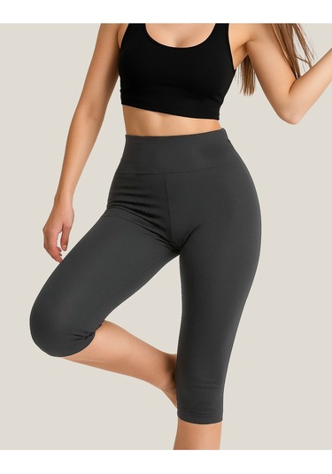 Diz Altı Kapri Tayt Yüksek Bel Likralı Parlak Dalgıç Kumaş, Antrasit Füme Antrasit