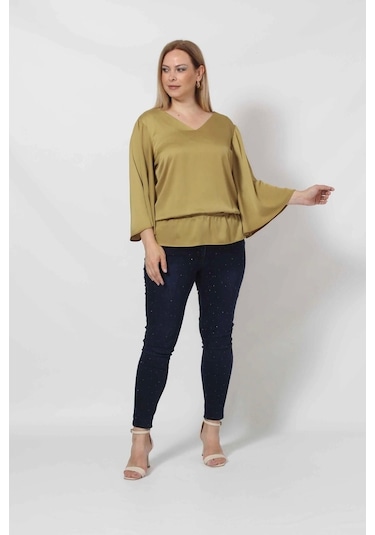 Moda Berray 3183yy Yağ Yeşili Beli Lastikli Bol Kol Bluz Yağ Yeşili