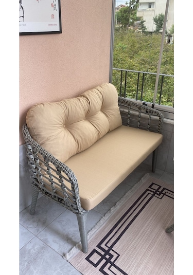 Tu Tienda Kartepe 2 1 1 Rattan Bahçe Balkon Takimi,bej Kumaş/gri Rattan Örgü Bej