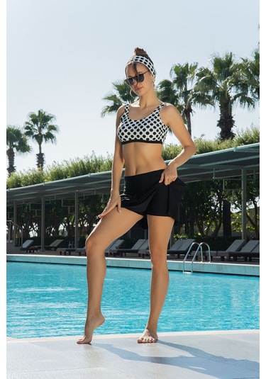 Markahit Ruko Puantiyeli Şort Etek Tek Parça Bikini Siyah - Beyaz