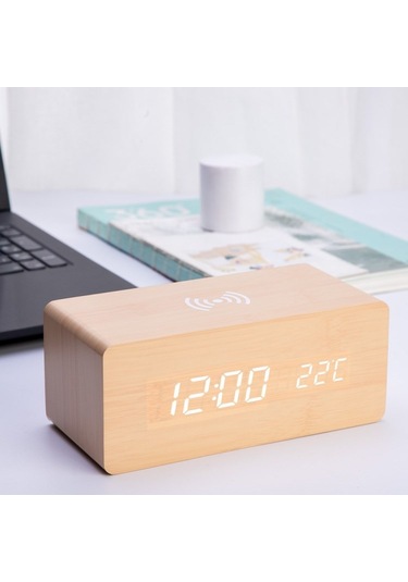 İphone Samsung İle Uyumlu Ses Kontrollü Qi Kablosuz Şarj Fonksiyonlu Ahşap Çalar Saat - Haki Haki