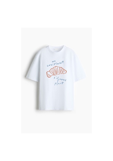 Kadın Premium Kumaş Ekru Kruvasan Baskılı Oversize T-shirt Ekru