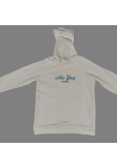 Kadın Kapşonlu Nakışlı Beyaz Sweatshirt Ekru