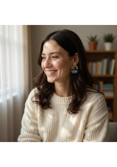 Mavi Taş Detaylı Geometrik Tasarım Küpe Çok Renkli