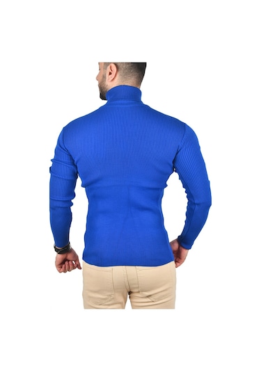 Deepsea Erkek Mavi İnce Fitilli Tam Boğazlı Balıkçı Yaka Tüylenmeyen Triko Kazak 2505498 Mavi