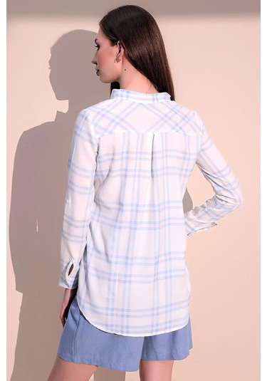 Kadın Mavi Uzun Kol Yeni Moda Ekose Desenli Tek Cep Hakim Yaka Gömlek Mavi