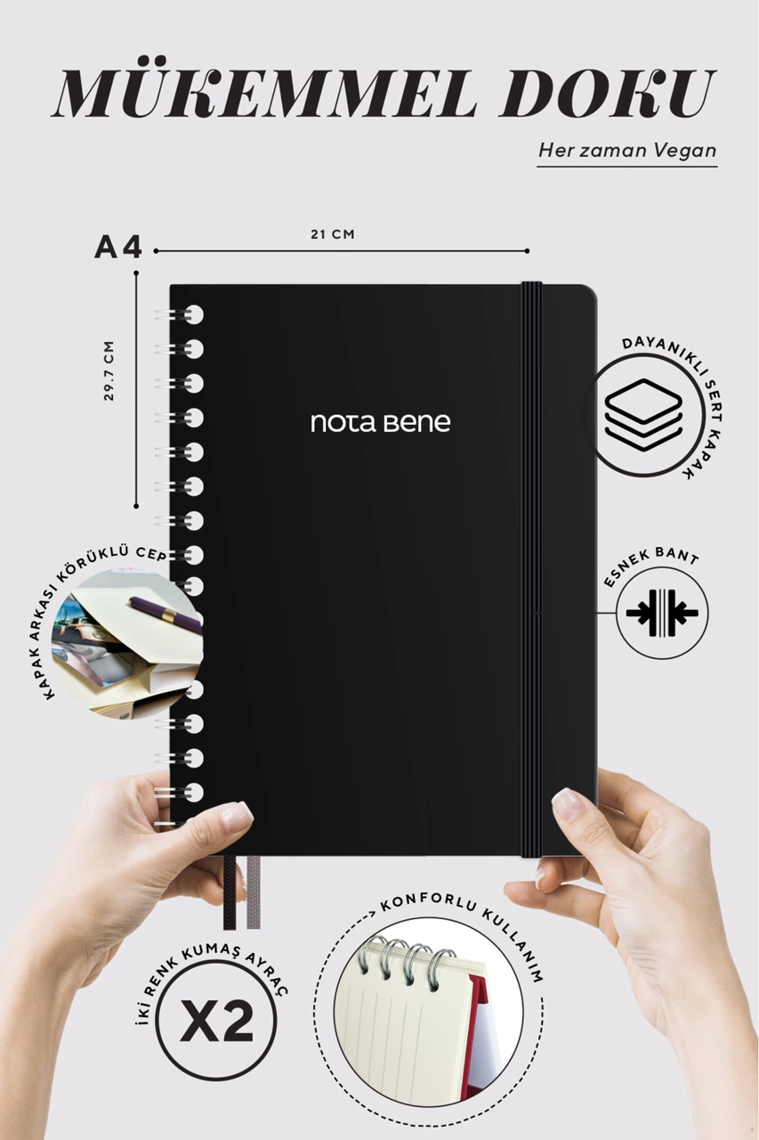 Nota Bene Spiralli Premium Sert Kapak Defter, 21x29,7 Cm, Çizgili Siyah