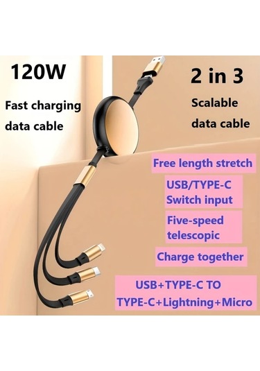 Honeybeeshop Beyaz Altın 120w 2de 3 Teleskopik Hizli Sarj Kablosu Usb Type C Micro Lightning Coklu Baslik İpdone Uyumlu Galaxy Uyumlu Xiaomi Huawei Icin