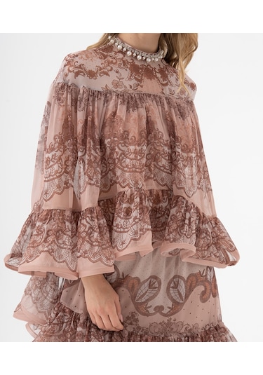 Dantel Desenli Katlı Şifon Volanlı Bluz Kahve